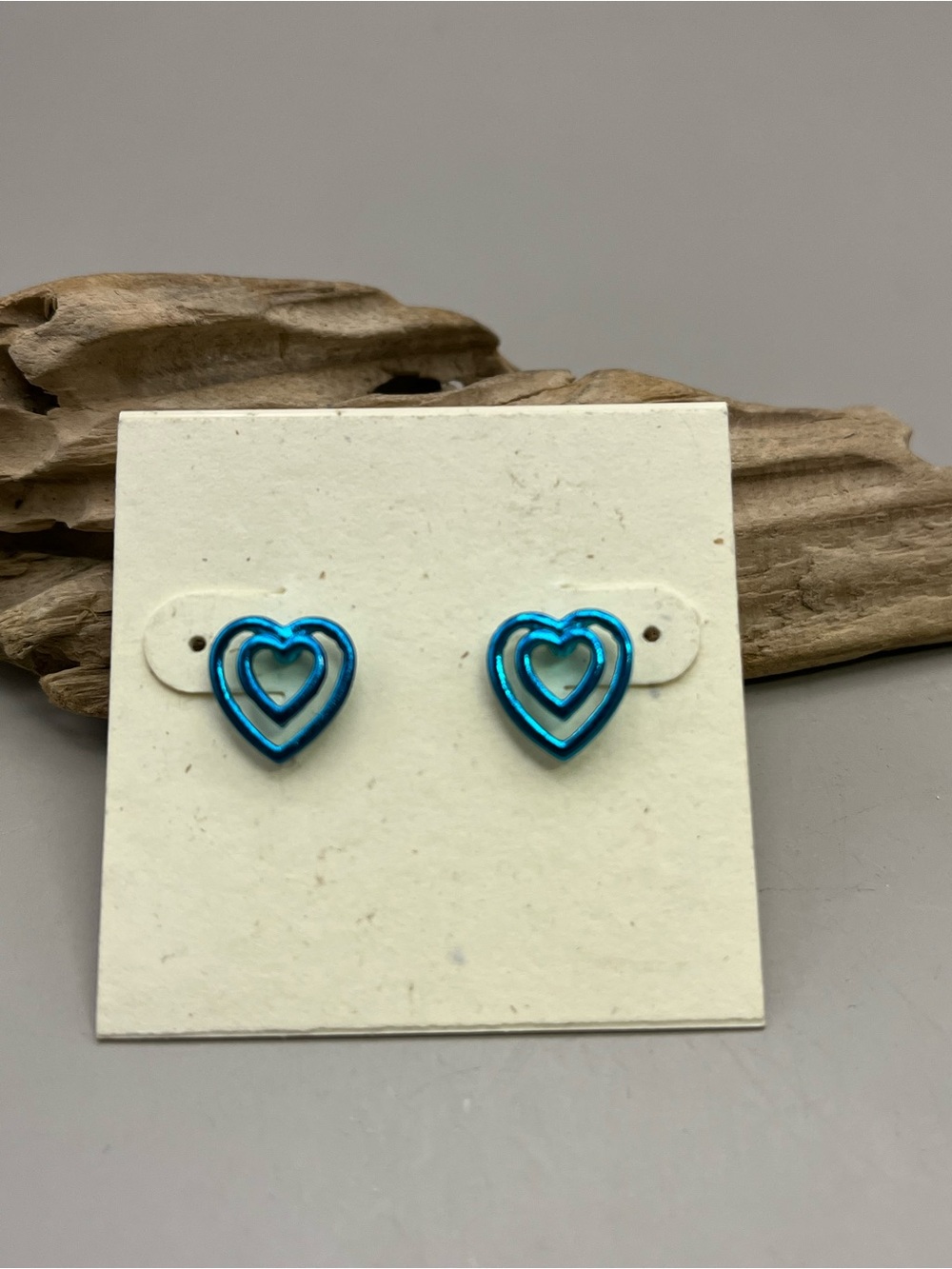 Teal Blue Double Heart Stud Earrings | Petite Metallic Open Heart Post Earrings